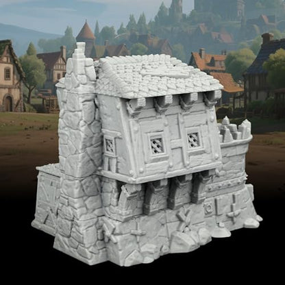 AUSPDICE Stone and Timber Dwelling RPG Terrain, 25mm Medieval Scenery | 1:64 Unpainted 3D Printed Medieval Village Fantasy Building, DND Terrain for Dungeons and Dragons, TTRPG Map Props-AF1124D - color: Af1124d Medieval Village D