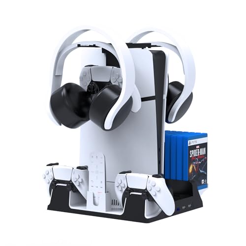 JOYTORN PS5 Vertical Stand with Cooling Fan and Dual Controller Charger Station for PlayStation 5/Slim Console, PS-5 Accessories with Headset Hooker,14 Game Rack Storage, Media Remote Organizer