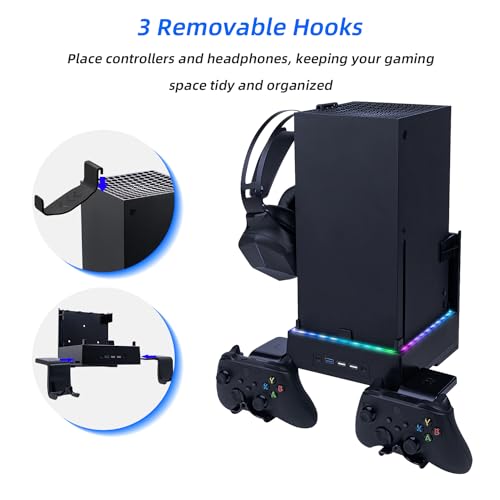 Mcbazel Wall Mount with Cooling Fan for Xbox Series X, Xbox Series X 4 in 1 Wall Mount Kit, 3-Speed Low Noise Fan with RGB Light & 3 USB Ports, Controller & Headset Holder - Black