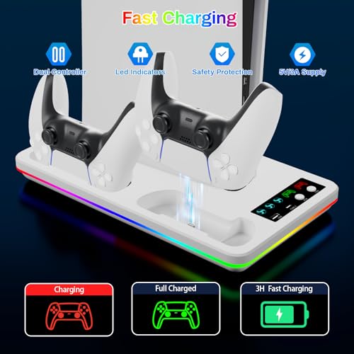 PS 5 Cooling Station and PS 5 Stand with RGB Controller Charging Station for PlayStation5Console, Controller Charger, Cooling Stand, PS5/Slim/Pro Accessories Kit with 3 Level Cooler Fan - color: RGB-white