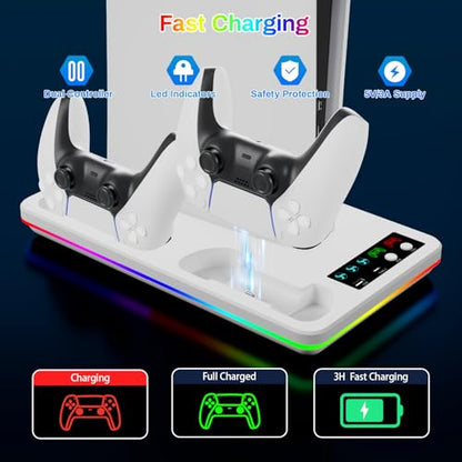 PS 5 Cooling Station and PS 5 Stand with RGB Controller Charging Station for PlayStation5Console, Controller Charger, Cooling Stand, PS5/Slim/Pro Accessories Kit with 3 Level Cooler Fan - color: RGB-white
