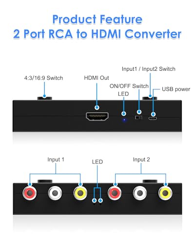 2 Port RCA to HDMI Converter, Dual AV to HDMI Converter Supports 16:9/4:3 Composite to HD MI Adapter Support 1080P PAL/NTSC Compatible with Sega/Xbox/PS1/PS2/PS3/WII/N64/VHS, VCRs, and DVD Players - size: 2 Port RCA to HDMI Converter