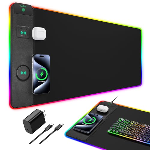 RGB Gaming Mouse Pad with 15 Magnetic Wireless Charging, 31.5"x15.7" | Large XXL Desk Mat, 15 Lighting Modes, Non-Slip Rubber Base, Waterproof Mousepad Computer Keyboard Pad, Black with Adapter - color: Rgb - 31.5"x15.7" (20w Pd Adapter)