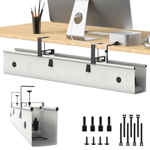 Under Desk Cable Management Tray, 40-inch No-Drill Cord Organizer with Anti-Sag Reinforced Base, Fabric Wire Management Hider for Standing Desk, Office & Gaming Accessories - Grey - color: Grey, size: 40 inch