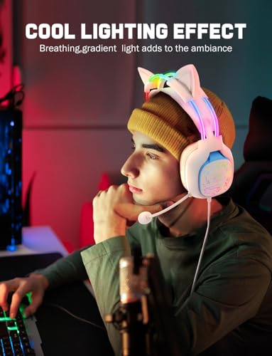 Gaming Headset with Microphone, RGB Lights, Detachable Cat Ear, Lightweight Over-Ear Headphones with Adjustable Headband for PC, PS4, PS5, Mac, Switch, Surround Sound, in-Line Control, White - color: White