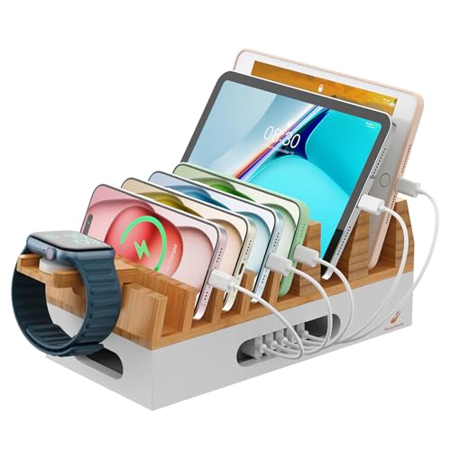 Pezin & Hulin Bamboo Charging Station Organizer for Multiple Devices & Wood Desktop Docking Charging Stand Such As Cell Phone, Tablets, Phone Case and Watch Stand(No USB Charger) (Natural + White) - color: Natural + White