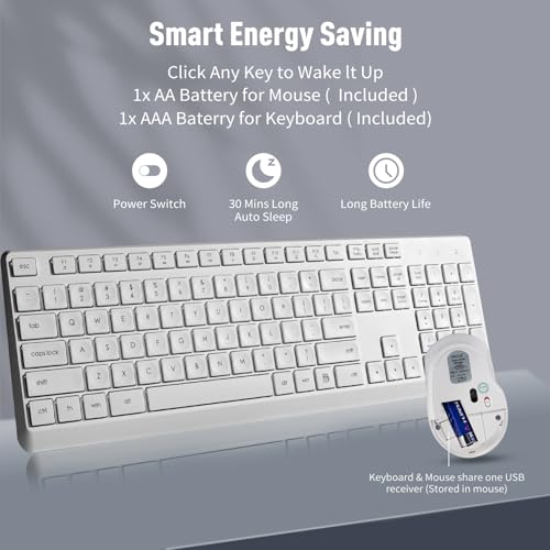 HUO JI Silent Wireless Keyboard and Mouse Combo, Quiet and Soft,Thin, White | 2.4G Full-Size Ergonomic Wireless Computer Keyboard Mouse for Windows, Laptop/PC/PS/Mac Desktop