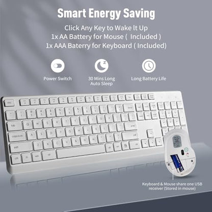 HUO JI Silent Wireless Keyboard and Mouse Combo, Quiet and Soft,Thin, White | 2.4G Full-Size Ergonomic Wireless Computer Keyboard Mouse for Windows, Laptop/PC/PS/Mac Desktop