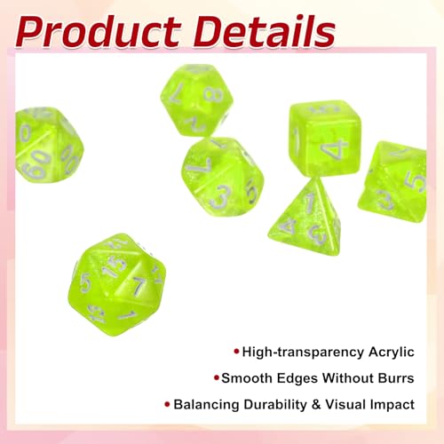 uxcell Polyhedral Dice Set, 7 Pcs Acrylic Dice for Role Playing Table Games Tabletop Gaming Accessories, Sparkling Neon Yellow - color: Sparkling Neon Yellow