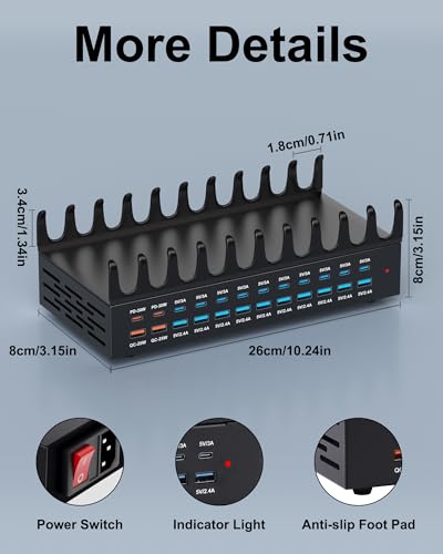 24 Ports 420W Charging Station for Multiple Devices, Iron Alloy USB Charger | with 30W Power Delivery, Multi Fast Charger Dock for Phone Tablet, Home, Office, School