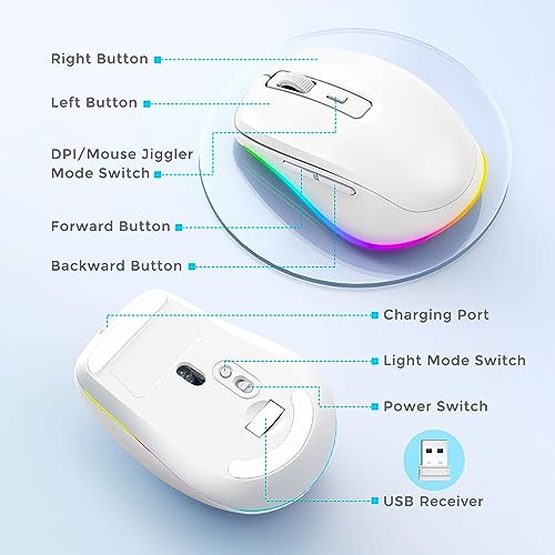 PEIOUS Wireless Mouse Jiggler, LED Mouse with Built-in Mouse Mover, White | Rechargeable, Silent Clicks, Adjustable DPI and Random Movement Keep Computers Awake for Work-Life Balance on Laptop/PC/Mac - color: White