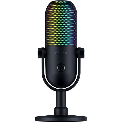 Razer Seiren V3 Chroma RGB, Stream & Game Reactive, USB Microphone, Black | Tap-to-Mute Sensor, Condenser Mic, Digital Gain Limiter & Shock Absorber, Works with OBS, Discord, Zoom, Teams - color: Black