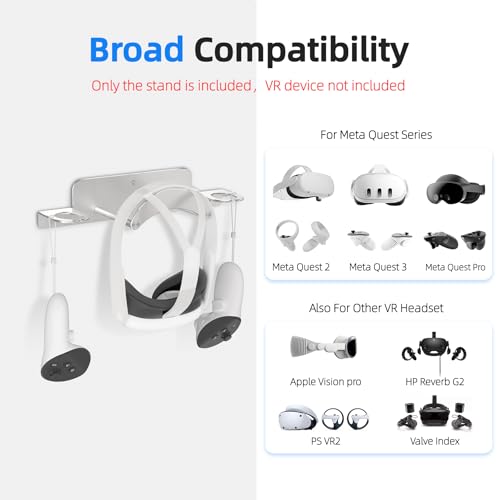 VR Wall Mount Aluminum Alloy,VR Headset Wall Mount Storage Stand Hook Compatible with Meta Quest 3/Quest Pro/Quest 2,Quest 3 Stand with 2 Storage Way,Desk Space Saving(Silver)
