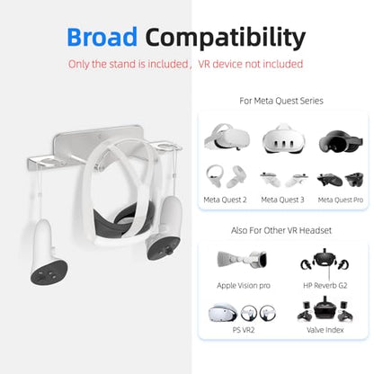 VR Wall Mount Aluminum Alloy,VR Headset Wall Mount Storage Stand Hook Compatible with Meta Quest 3/Quest Pro/Quest 2,Quest 3 Stand with 2 Storage Way,Desk Space Saving(Silver)