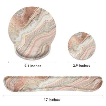 Ergonomic Mouse Pad Set with Wrist Rest, Gold Pink Marble | Abstract Non-Slip Rubber Base Wrist Cushion Support and Coasters Mousepad with Wrist Support for Computer Keyboard - color: Gold Pink Marble