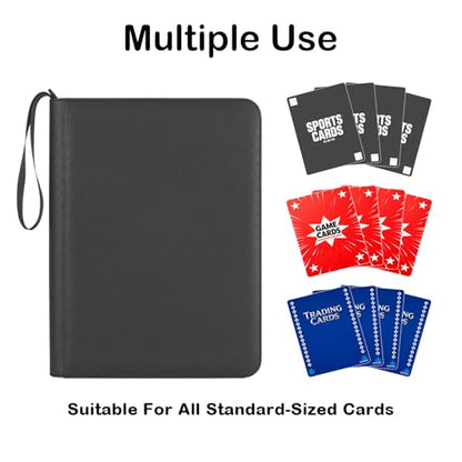Prilino Ringless Trading Card Binder, 9 Pocket, 432 Storage Capacity, Black | Premium Double-Sided PU Leather & Side Load Design, Smooth Page Turning, Tight Zip Closure, Conveniently Fits Sleeved Cards - color: Black