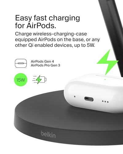 Belkin Qi2 15W Wireless Charging Station, 3 in 1 iPhone Charger | Fast Charging, MagSafe Compatible, iPhone 17/16/15, Apple Watch, AirPods, Travel Charger, Magnetic - color: Black, style: Matte Finish