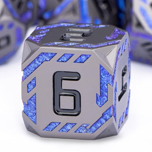 Metal DND Sci-fi Dice Set 7PCS Stripe Polyhedral Dice for Dungeons Dragons RPG Role Playing Game, Glitter D and D Dice with Gift Box D6 D8 D10 D12 D20 (Black&Blue Purple) - color: Black - Blue Purple