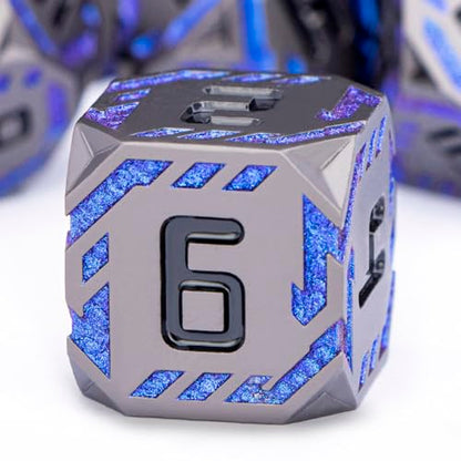 Metal DND Sci-fi Dice Set 7PCS Stripe Polyhedral Dice for Dungeons Dragons RPG Role Playing Game, Glitter D and D Dice with Gift Box D6 D8 D10 D12 D20 (Black&Blue Purple) - color: Black - Blue Purple