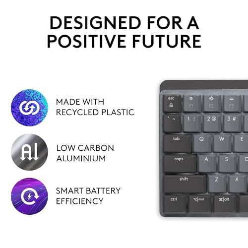 Logitech MX Mechanical Wireless Illuminated Keyboard Tactile - Graphite | Illuminated performance, backlit keys, Bluetooth, USB-C, macOS, Windows, Linux, iOS, Android, metal construction - size: Full Size, style: Tactile (quiet typing)