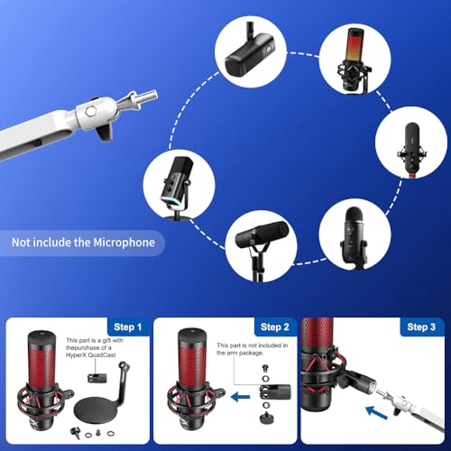 Low Profile Mic Arm Microphone Boom Arm Professional Adjustable with 15cm Riser Solid Desk Mount Clamp Cable Management Microphone Holder Stand for Podcast Streaming Gaming Mic Stand White - color: white