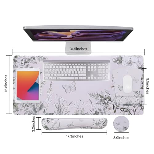 MEGREZ 4-in-1 Mouse Pad with Wrist Rest Ergonomic Memory Foam Desk Mat Set | ergonomic, anti-slip base, 4pcs set, desk pad, mouse wrist rest, keyboard rest, coaster, ideal for office & gaming - color: Green Flower