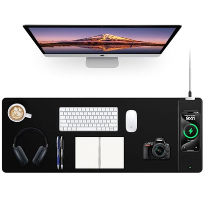 Mouse Pad with Wireless Charging, Black Mousepad Long Desk Mat, Large Gaming Mouse Pad, Soft Mouse Pad Gaming Desk Pad with Non-Slip Rubber Base, Extended Computer Keyboard Mat Office Mice Pad - color: 31.5x11.81"NO RGB-Black Right