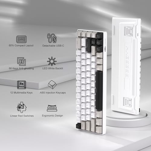MageGee Portable 60% Mechanical Gaming Keyboard, MK-Box LED White Backlit Compact 68 Keys Mini Wired Office Keyboard with Red Switch for Windows Laptop PC Mac - Grey - color: White Grey/Red Switch