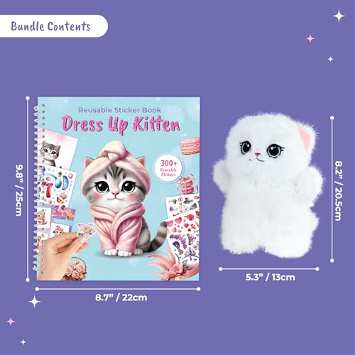 Reusable Sticker Book Dress Up Kitten Activity Set with Plush Toy | Includes 300+ reusable stickers and a soft plush kitten toy. Fashion-themed creative play for girls ages 3–8 - color: Kitten Book With Plush Toy