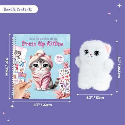 Reusable Sticker Book Dress Up Kitten Activity Set with Plush Toy | Includes 300+ reusable stickers and a soft plush kitten toy. Fashion-themed creative play for girls ages 3–8 - color: Kitten Book With Plush Toy