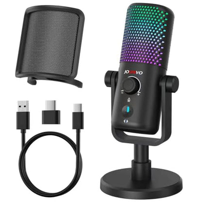Gaming USB Microphone for PC with Pop Filter Volume Control Headphone Jack RGB Light Mute Button Plug and Play for PS4 PS5 Mac Streaming Podcast