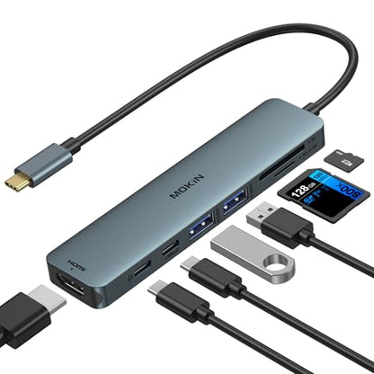 USB C Hub HDMI Adapter for MacBook Pro/Air, MOKiN 7 in 1 USB C Dongle with HDMI, SD/TF Card Reader, USB C Data Port,100W PD, and 2 USB 3.0 Compatible for MacBook Pro/Air, Dell XPS, Lenovo Thinkpad. - color: blackish green