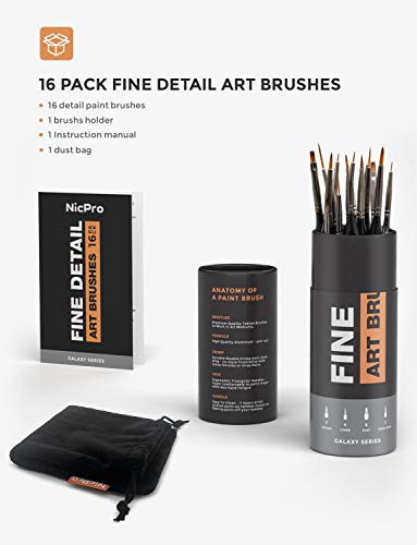 Nicpro 16 PCS Miniature Paint Brushes,Fine Tip Micro Detail Paint Brush Set | for Acrylic Watercolor Oil Gouache, Paint by Numbers, Model, Miniatures, Craft, Rock Painting - with Container - style: 16 Pack (Detail)