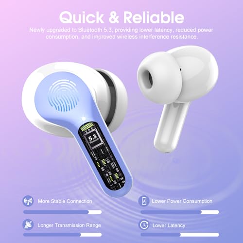 Wireless Earbuds, Bluetooth 5.4 Headphones HiFi Stereo, Bluetooth Earbuds with ENC Noise Cancelling Mic, IP7 Waterproof in Ear Earphones, 48H, LED Display Ear buds for Pad Workout Sports, White Purple - color: White Purple