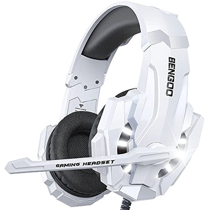 BENGOO Pro Gaming Headset for PS4 PS5 PC Xbox One Controller, Noise Cancelling Over Ear Headphones with Mic, LED Light, Bass Surround, Soft Memory Earmuffs for Laptop Mac - White - color: White