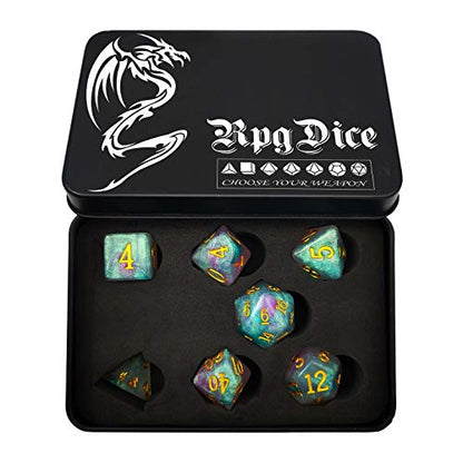 Bescon Magical Stone Dice Set Series, 7pcs Polyhedral RPG Dice Set Fairy Spirit, Black Tinbox Packing - color: Fairy Spirit in Tinbox