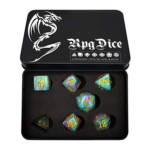 Bescon Magical Stone Dice Set Series, 7pcs Polyhedral RPG Dice Set Fairy Spirit, Black Tinbox Packing - color: Fairy Spirit in Tinbox