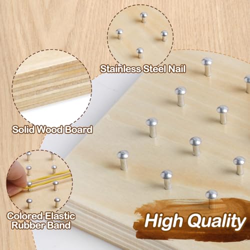 Wooden Geoboard, Montessori STEM Toy with Pattern Blocks for Kids Ages 3+ | Rubber Bands & Pattern Cards, Fine Motor Math Learning Geo Board, Classroom Home STEM Activity, Brain Teaser Educational Gift - size: 7*7 in