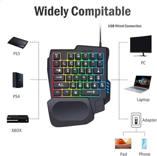One-Handed Gaming Keyboard, 35 Keys, 3 Color Backlight, Wide Palm Rest, Gaming Keyboard for Computer for Mobile Games