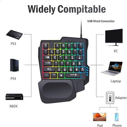 One-Handed Gaming Keyboard, 35 Keys, 3 Color Backlight, Wide Palm Rest, Gaming Keyboard for Computer for Mobile Games