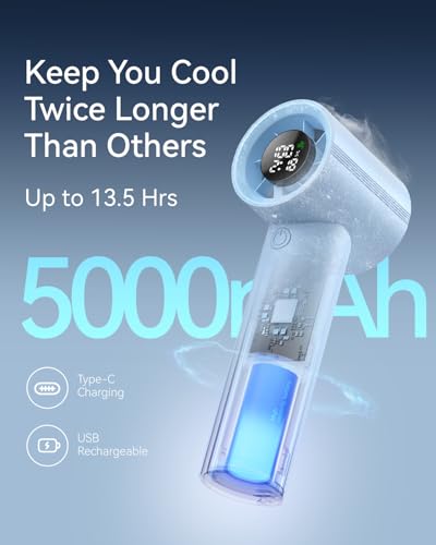 Portable Handheld Fan, Speed(1-199) Powerful Turbo Mini Fan, 30000 RPM High Speed Moter [14H Max Cooling Time] 5000mAh Battery Rechargeable,Pocket Personal Small Travel GIfts for Women Men,Light Blue - color: Light Blue