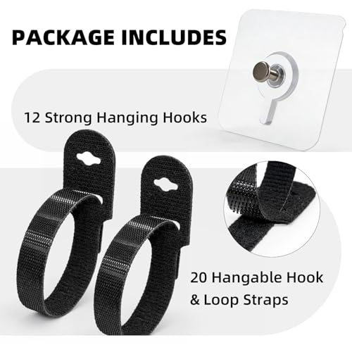 Cord Organizer with Adhesive Hooks, Reusable Cable Management for Desk & TV, Adjustable Hook and Loop Cable Ties, Easy Install & Remove, Under Desk Wire Organizer -12 Hooks + 20 x 5“ Straps - style: Hook-and-loop