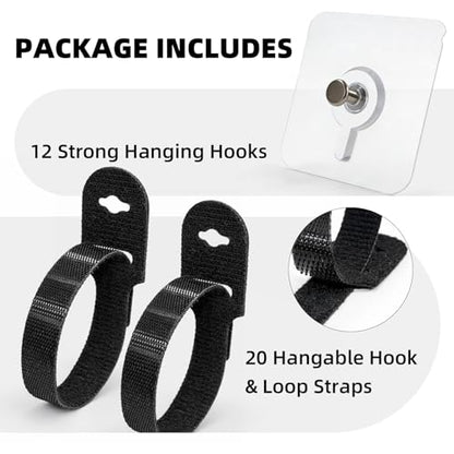 Cord Organizer with Adhesive Hooks, Reusable Cable Management for Desk & TV, Adjustable Hook and Loop Cable Ties, Easy Install & Remove, Under Desk Wire Organizer -12 Hooks + 20 x 5“ Straps - style: Hook-and-loop
