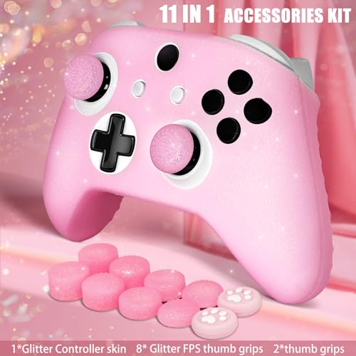 Pink Glitter Anti-Slip Protective Silicone Cover Skin Grips Compatible with Xbox ONE S/X Controller,8 PCS Glitter Thumb Grips Caps and 2 Grips Caps. - color: Glitter Pink
