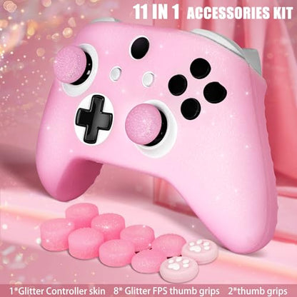 Pink Glitter Anti-Slip Protective Silicone Cover Skin Grips Compatible with Xbox ONE S/X Controller,8 PCS Glitter Thumb Grips Caps and 2 Grips Caps. - color: Glitter Pink