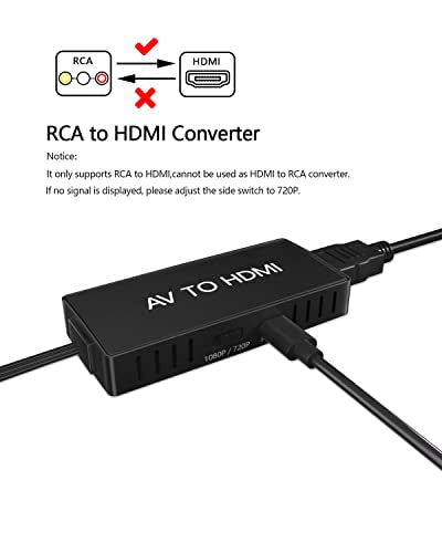 AV to HDMI Converter, RCA to HDMI Adapter, 720P/1080P RCA Composite CVBS Adapter Support PAL/NTSC for PC, Laptop, TV, WII, Xbox, PS2, PS3, STB, VHS, VCR, Blue-Ray DVD Players - color: black
