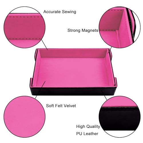 SIQUK Magnetic Folding Dice Tray Rectangle Dice Rolling Tray PU Leather Trays Foldable Holder Rolling Mat Storage Box for D&D RPG Games, Pink - color: Pink