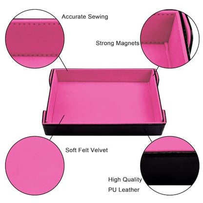 SIQUK Magnetic Folding Dice Tray Rectangle Dice Rolling Tray PU Leather Trays Foldable Holder Rolling Mat Storage Box for D&D RPG Games, Pink - color: Pink