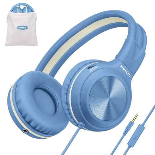 SIMOLIO Manyshare Series- Over-Ear Kids Headphones with Microphone & Share Port, Volume Limited Plug in Headphones Wired, Foldable Corded Stereo 3.5mm Headset for Laptop PC Tablets Travel Boys (Blue) - color: Blue 3.5mm