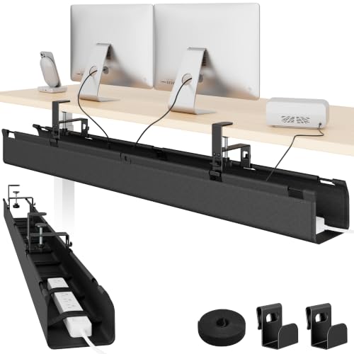 No Drill Under Desk Cable Management Tray, 47.2" Fabric Organizer | Clamp/Screw Premium Mount Cord Holder, for Power Strips, Adapters, with 2 Hooks & 1 Tie Roll for Home Office Gaming, Black - color: Black, size: 47.2"L × 6.1"W